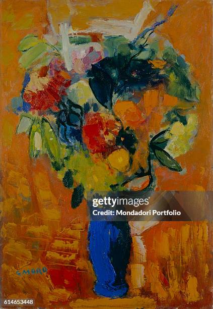 Private Collection.Coloured flowers vase on orange background.