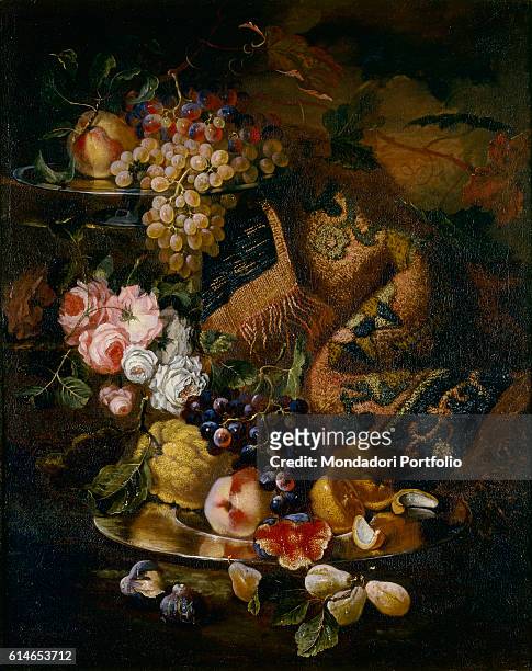 Private Collection.Composition with flowers and trays full of grapes, lemons, prickly pears ans pears.