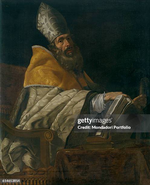 Private Collection.Saint Augustine in episcopal clothes sitting on the throne holding the cilice and the Gospel.