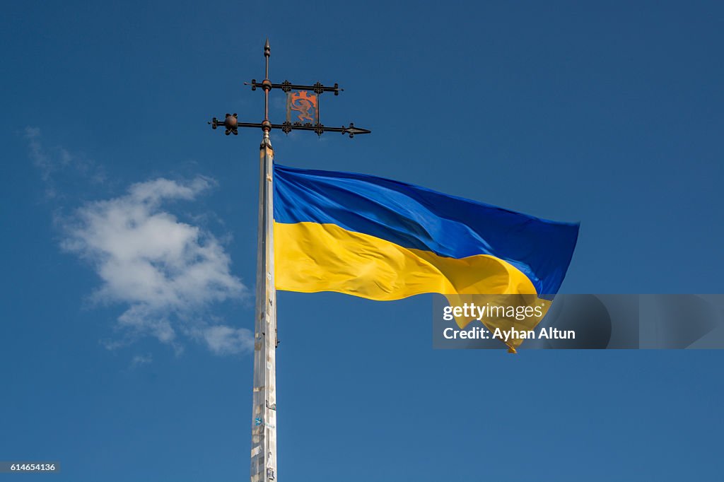 Ukrainian flag with the The coat of arms of the city ,Lviv,Ukraine