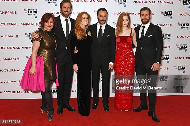 Clare Stewart, Director of the BFI London Film Festival, Armie Hammer, Amy Adams, Tom Ford, Ellie Bamber and Aaron Taylor-Johnson attend the...