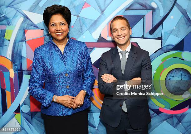 Chief Executive Officer of PepsiCo Indra Nooyi poses for a photo with LinkedIn Executive Editor Dan Roth at LinkedIn on October 14, 2016 in New York...