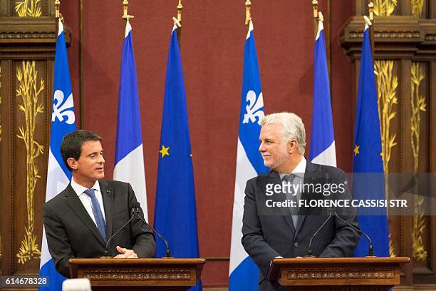 French Prime Minister Manuel Valls speaks at the National Assembly of Quebec with Quebec Premier Philippe Couillard in Quebec City, Quebec, on...