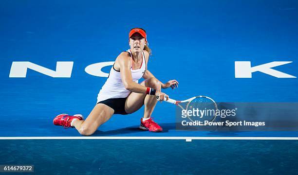 Alize Cornet of France in action against Jelena Janikovic or Serbia during their Singles Quarter Finals match at the WTA Prudential Hong Kong Tennis...