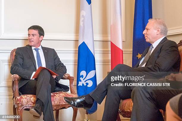French Prime Minister Manuel Valls meets with leader of the Parti Québécois Jean-Francois Lisee at the National Assembly of Quebec in Quebec City,...