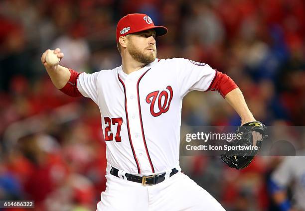 Washington Nationals relief pitcher Shawn Kelley during game 5 of the NLDS at Nationals Park, in Washington D.C. The Los Angeles Dodgers defeated the...