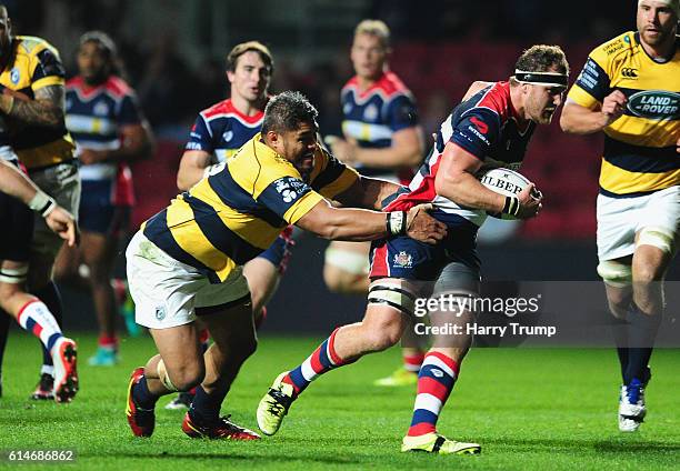 Nick Koster of Bristol Rugby is tackled by Nick Williams of Cardiff Blues during the European Rugby Challenge Cup between Bristol Rugby and Cardiff...