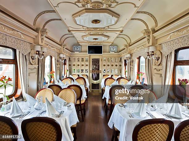 a luxury dining car on the trans siberian express - railroad car stock-fotos und bilder