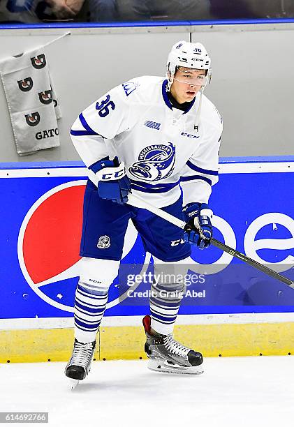 Austin Osmanski of the Mississauga Steelheads skates in warmup prior to a game against the Guelph Storm at Hershey Centre on October 12, 2016 in...