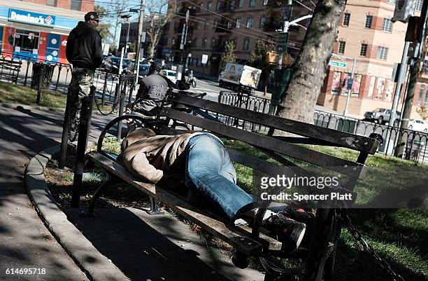 Woman lies on a bench in a neighborhood park with a high rate of poverty and illegal drug use on October 14, 2016 in New York City. Staten Island, a...