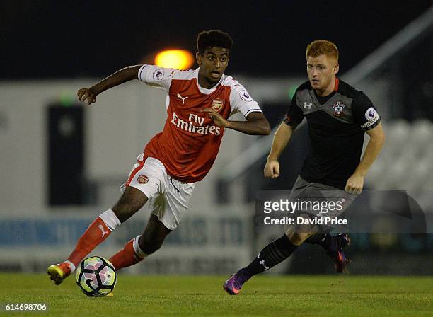 Gedion Zelalem of Arsenal under pressure from Harrison Reed of Southampton during the match between Arsenal U23 and Southampton U23 at Meadow Park on...