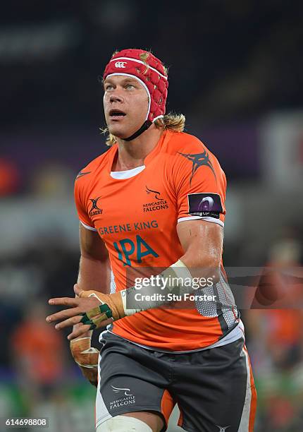 Mouritz Botha of the Falcons in action during the European Rugby Challenge Cup match Ospreys and Newcastle Falcons at The Liberty Stadium on October...