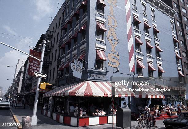 View of the exterior of the original T.G.I. Friday's restaurant located at the corner of 63rd Street and First Avenue in1976 in New York City, New...