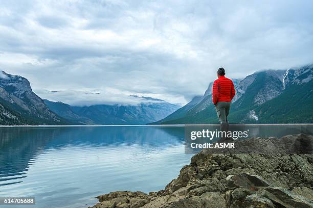 hiking man arms open to nature view - standing on mountain peak stock pictures, royalty-free photos & images