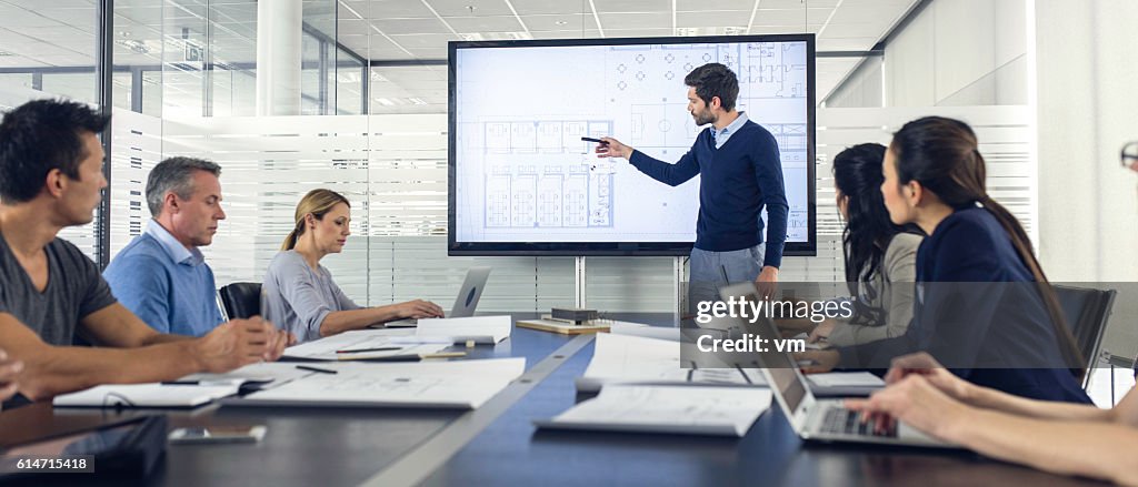 Architect presenting project to a group of managers