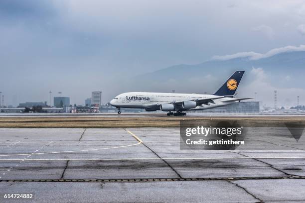 airbus a380 at sofia international - lufthansa stock pictures, royalty-free photos & images