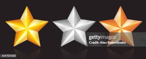 shiny metallic star designs in gold silver bronze on black - bronze colored stock illustrations