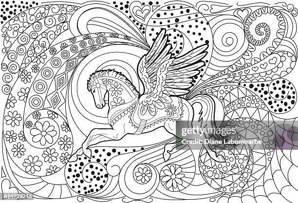 pegasus hand drawn adult coloring book page - colouring stock illustrations