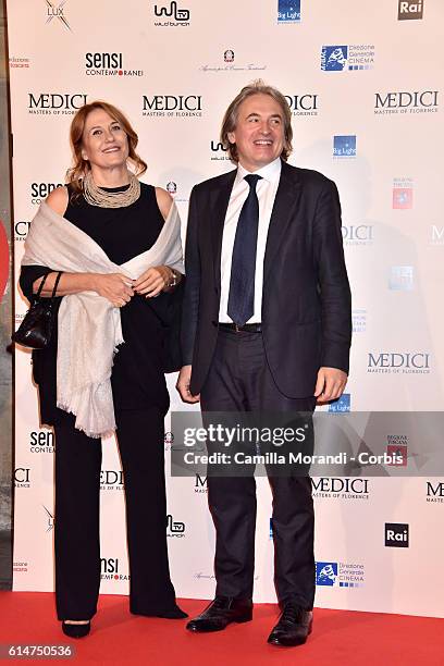 Monica Maggioni and Antonio Campo Dall'Orto walk a red carpet for 'I Medici' on October 14, 2016 in Florence, Italy.