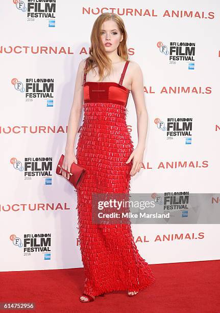 Ellie Bamber attends the 'Nocturnal Animals' Headline Gala screening during the 60th BFI London Film Festival at Odeon Leicester Square on October...