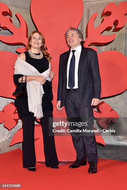 Monica Maggioni and Antonio Campo Dall'Orto walk a red carpet for 'I Medici' on October 14, 2016 in Florence, Italy.