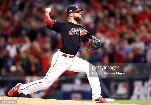 Corey Kluber of the Cleveland Indians throws a pitch in the first inning against the Toronto Blue Jays during game one of the American League...