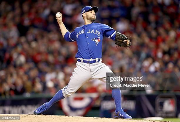 Marco Estrada of the Toronto Blue Jays throws a pitch in the first inning against the Cleveland Indians during game one of the American League...