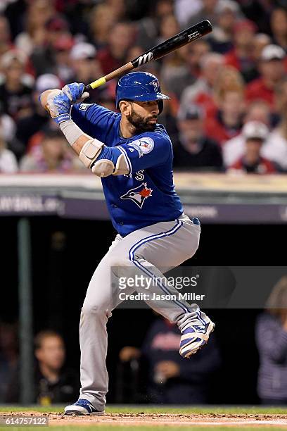 Jose Bautista of the Toronto Blue Jays bats in the first inning against Corey Kluber of the Cleveland Indians during game one of the American League...