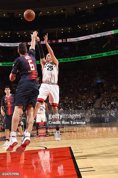 Singler of the Toronto Raptors shoots the ball against the San Lorenzo de Almagro during a preseason game on October 14, 2016 at the Air Canada...
