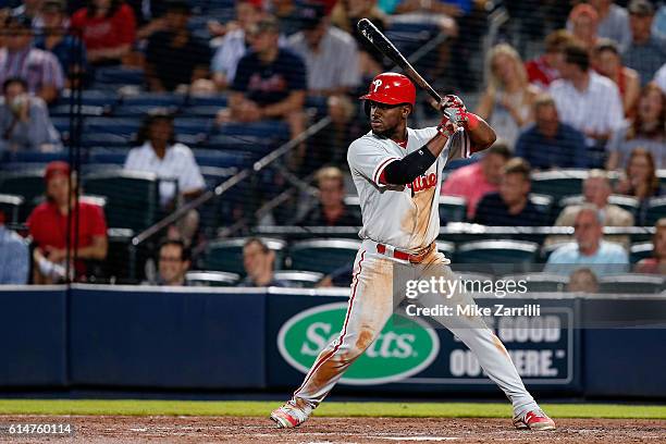 David Lough of the Philadelphia Phillies bats during the game against the Atlanta Braves at Turner Field on May 12, 2016 in Atlanta, Georgia.