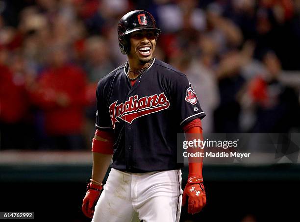 Francisco Lindor of the Cleveland Indians celebrates after hitting a two run home run to right field against Marco Estrada of the Toronto Blue Jays...