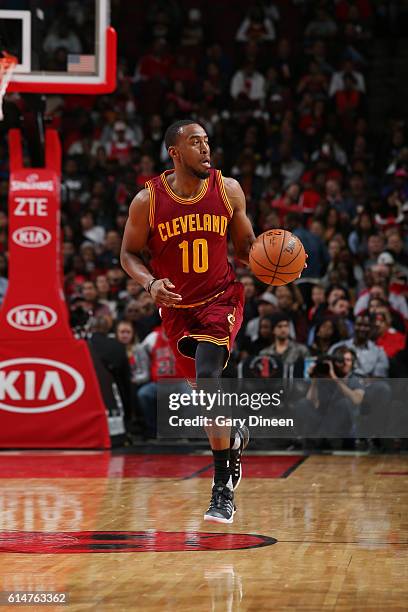 Markel Brown of the Cleveland Cavaliers handles the ball against the Chicago Bulls on October 14, 2016 at the United Center in Chicago, Illinois....