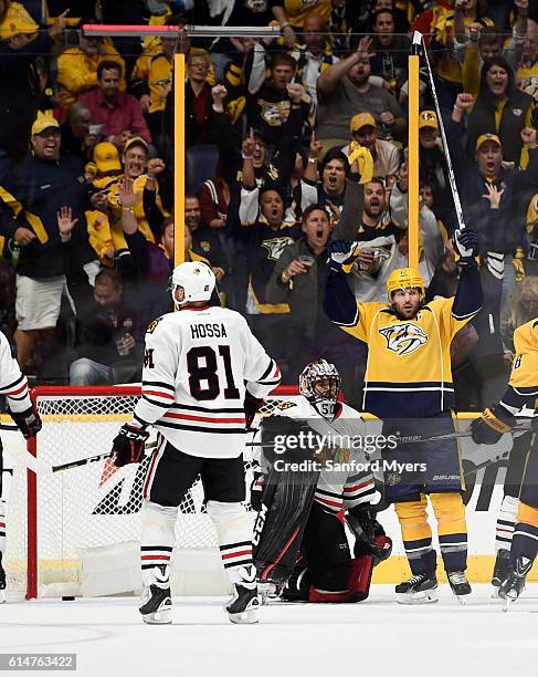 Mike Fisher of the Nashville Predators celebrates his go ahead power play goal against Corey Crawford of the Chicago Blackhawks at Bridgestone Arena...