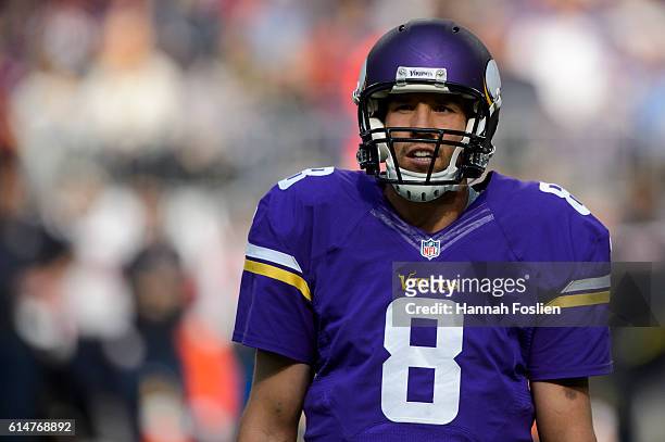 Sam Bradford of the Minnesota Vikings looks on during the game against the Houston Texans on October 9, 2016 at US Bank Stadium in Minneapolis,...