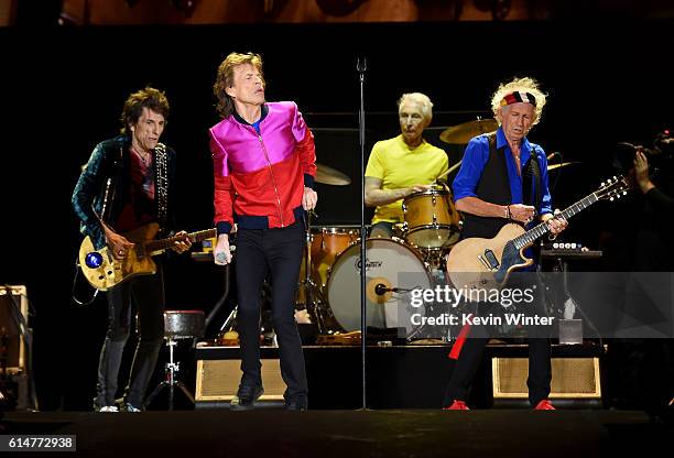 Musician Ronnie Wood, singer Mick Jagger, musicians Charlie Watts and Keith Richards of The Rolling Stones perform during Desert Trip at the Empire...