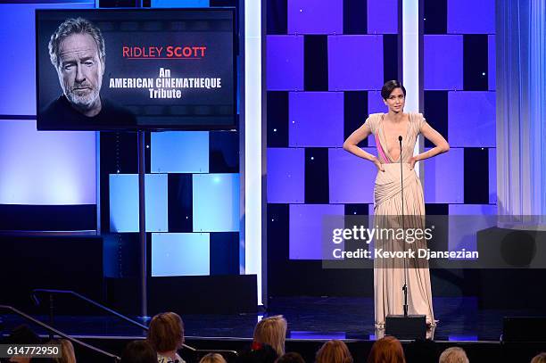 Actress Katherine Waterston speaks onstage at the 30th Annual American Cinematheque Awards Gala at The Beverly Hilton Hotel on October 14, 2016 in...