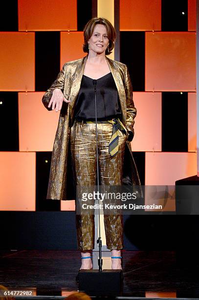 Actress Sigourney Weaver speaks onstage at the 30th Annual American Cinematheque Awards Gala at The Beverly Hilton Hotel on October 14, 2016 in...