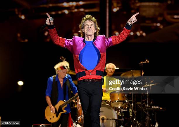 Musician Keith Richards, singer Mick Jagger and musician Charlie Watts of The Rolling Stones perform during Desert Trip at the Empire Polo Field on...