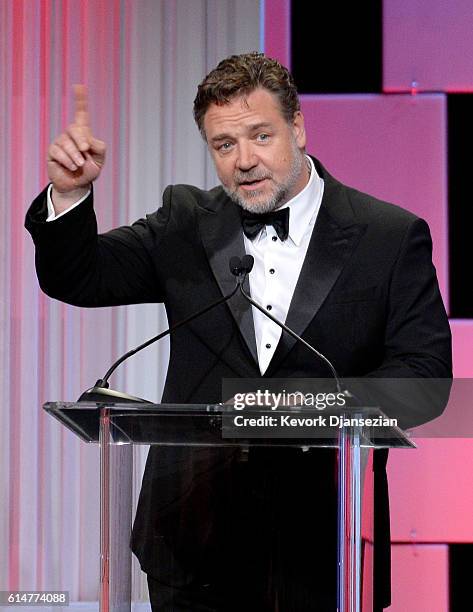 Host Russell Crowe speaks onstage at the 30th Annual American Cinematheque Awards Gala at The Beverly Hilton Hotel on October 14, 2016 in Beverly...