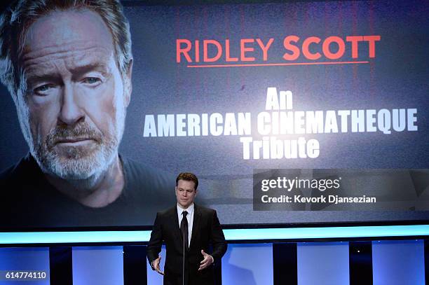 Actor Matt Damon speaks onstage at the 30th Annual American Cinematheque Awards Gala at The Beverly Hilton Hotel on October 14, 2016 in Beverly...