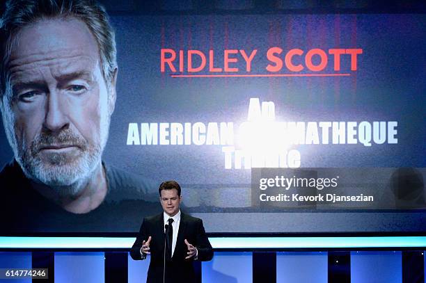 Actor Matt Damon speaks onstage at the 30th Annual American Cinematheque Awards Gala at The Beverly Hilton Hotel on October 14, 2016 in Beverly...