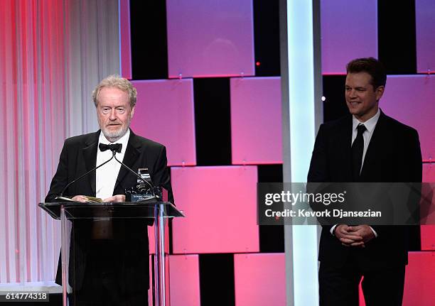 Honoree Sir Ridley Scott accepts the American Cinematheque Award from actor Matt Damon onstage at the 30th Annual American Cinematheque Awards Gala...