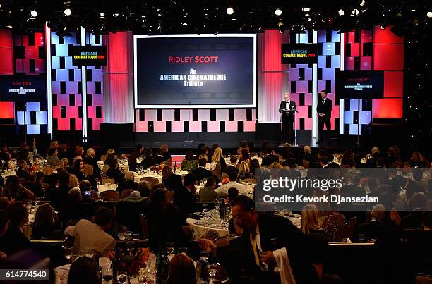 Honoree Sir Ridley Scott accepts the American Cinematheque Award from actor Matt Damon onstage at the 30th Annual American Cinematheque Awards Gala...