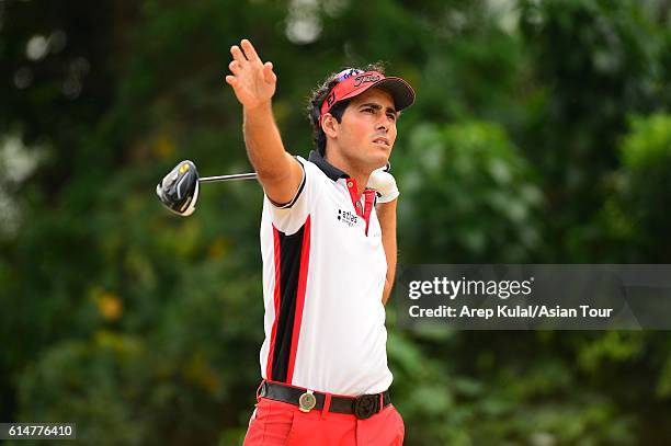 Carlos Pigem of Spain plays a shot during round three of the 2016 Venetian Macao Open at Macau Golf and Country Club on October 15, 2016 in Macau,...