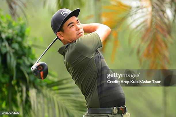 Sutijet Kooratanapisan of Thailand plays a shot during round three of the 2016 Venetian Macao Open at Macau Golf and Country Club on October 15, 2016...