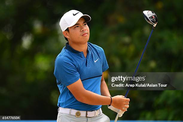 Miguel Tabuena of Philippines plays a shot during round three of the 2016 Venetian Macao Open at Macau Golf and Country Club on October 15, 2016 in...