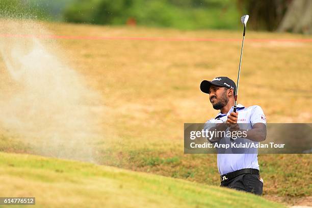 Chikkarangappa S. Of India plays a shot during round three of the 2016 Venetian Macao Open at Macau Golf and Country Club on October 15, 2016 in...