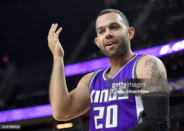 Jordan Farmar of the Sacramento Kings reacts to an official's call during their preseason game against the Los Angeles Lakers at T-Mobile Arena on...