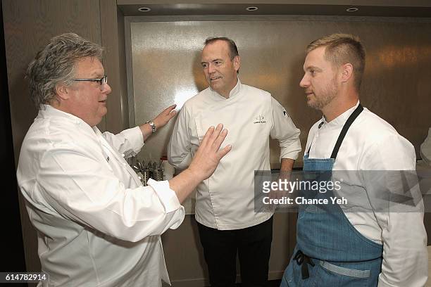 Chefs David Burke, Charlie Palmer and Bryan Voltaggio converse at A Dinner Remembering Gerry Hayden hosted by Charlie Palmer featuring David Burke,...