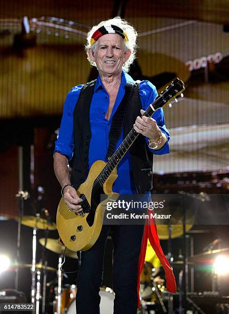 Musician Keith Richards of The Rolling Stones performs during Desert Trip at The Empire Polo Club on October 14, 2016 in Indio, California.